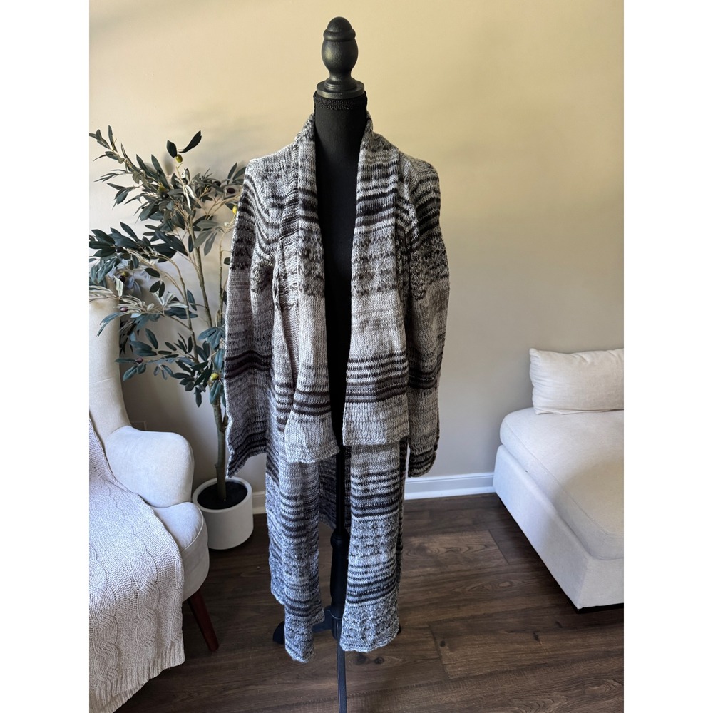 One World Womens XL Longline Cardigan Sweater Grey Black Space Dye Knit Duster